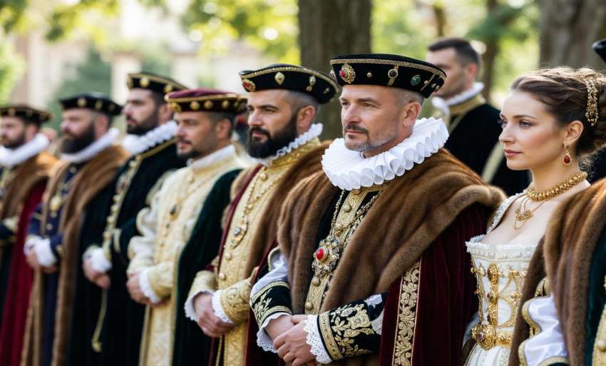 Sorban álló 16–17. századi magyar nemesek és nemesasszonyok generált történelmi ábrázolása reneszánsz-barokk stílusú öltözetben: férfiak fodros gallérral, prémes köpennyel, aranyozott díszítésekkel, nők fehér csipkés ruhában, ékszerekkel; kültéri, fás háttér előtt.