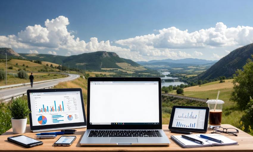 Laptop grafikonokkal és digitális eszközökkel magyar tájképi háttérben – online pénzkeresés és passzív jövedelem 2026