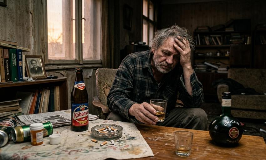 Egy elcsüggedt, kétségbeesett férfi ül egy szürkés, kopott szobában, asztalán alkohollal, hamutállal és gyógyszeres dobozzal.