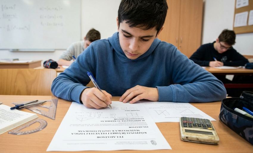 Egy középiskolai felvételire készülő diák egy tanteremben ülve matematika feladatsort old meg az asztalán lévő vonalzó és számológép mellett.