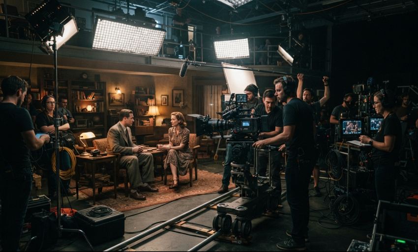 Filmforgatás egy stúdióban operatőrökkel, technikusokkal és színészekkel a kamera mögött.